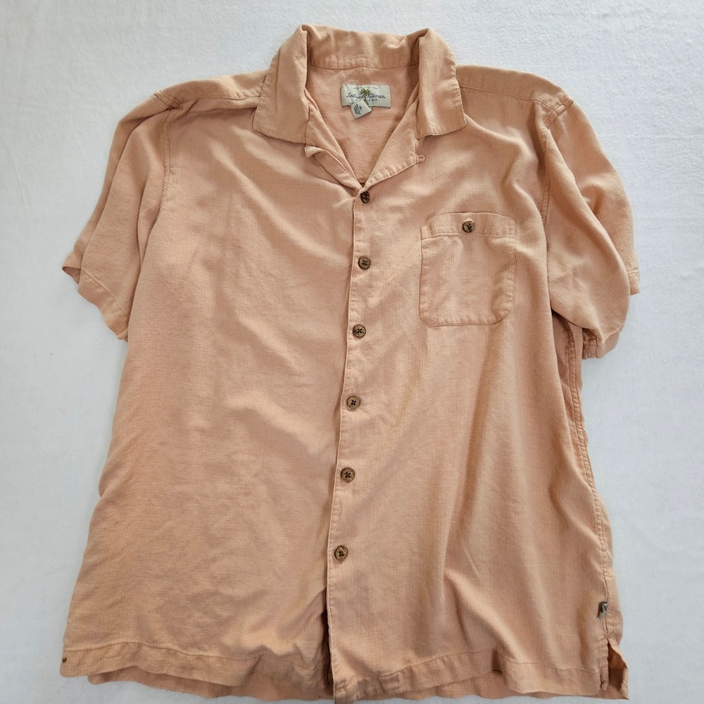 Island Shores Mens XL Washable Silk Camp Shirt Short Sleeve PeachSalmon Textured - Picture 2 of 10